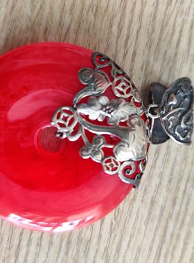 中东蜜蜡吊坠欧洲回流美人醉粉红925银镶嵌花朵珐琅掐丝大吊坠