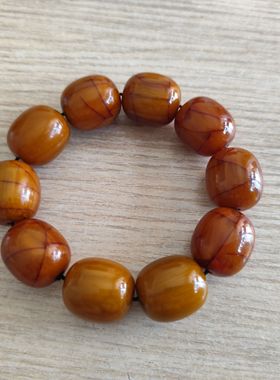 中东蜜蜡古董蜜蜡鹦鹉黄雪山冰裂纹大手串桶珠