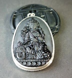 新古典主义豪华纯银镶嵌黑曜石普贤菩萨大雕像特价时尚饰品