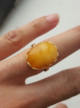 天然琥珀老蜜蜡原创鸡油黄纯银镀金情侣对戒戒指指环女饰品变黄了