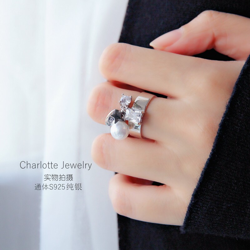 甜美风白色珍珠流苏吊坠戒指包邮