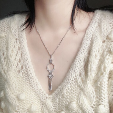 925通体纯银项链浪漫氛围感白色几何图片长流苏毛衣链 婚礼季配饰