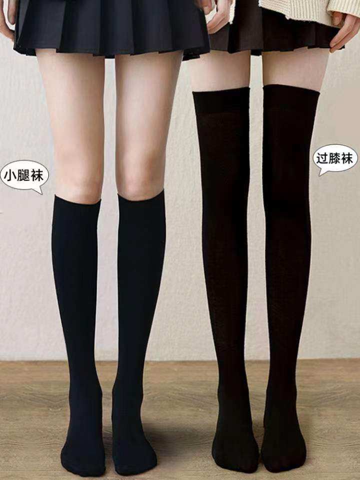 小腿袜女生长筒袜纯制服显瘦黑色精梳棉日系学生袜净版小花百搭款