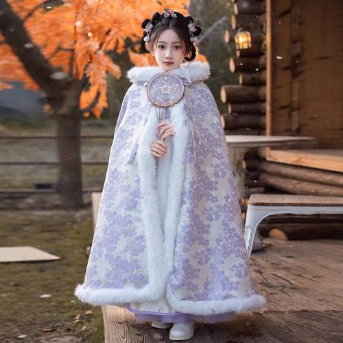女童披风斗篷冬季汉服外出加厚外套儿童古装披肩拜年服中国风连帽