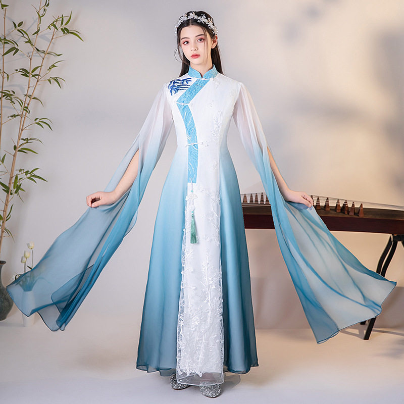 女童蓝色古筝演出服中大童民乐艺考晚礼服大合唱独唱古典儿童礼服图片