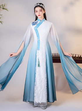 女童蓝色古筝演出服中大童民乐艺考晚礼服大合唱独唱古典儿童礼服