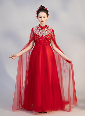 女童礼服裙超仙中国风儿童弹古筝演出服中大童艺考民乐演奏服红色