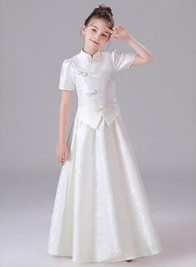 白色新中式女童礼服旗袍花童婚礼公主裙儿童主持人钢琴古筝演出服
