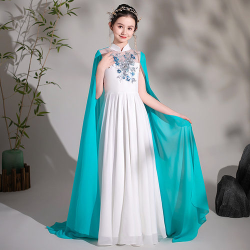 女童中国风古筝服水蓝色披肩超仙儿童礼服小女孩飘逸走秀演出礼服