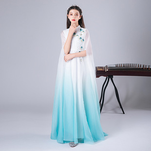 女童民乐演奏演出服 长款 儿童古筝服2025年新款 水蓝色渐变飘逸水袖