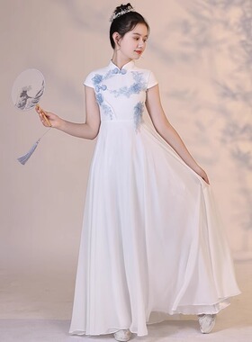 白色女童古筝比赛演出服2026夏季中国风朗诵二胡演奏琵琶艺考礼服