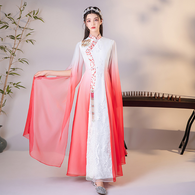 女童新中式古筝服2025新款红色渐变二胡古筝演奏中国风艺考礼服