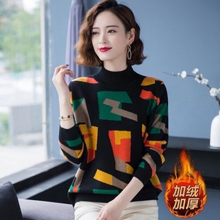 加绒加厚半高领毛衣女士宽松外穿2021年新款短款针织打底衫秋冬装