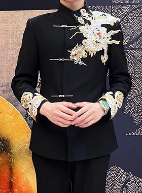 新中式中山装男士结婚套装黑色立领西装外套高端订婚新郎礼服出租