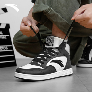 板鞋 软底回弹运动鞋 2025冬季 黑白撞色学生休闲鞋 新款 安踏高帮男鞋