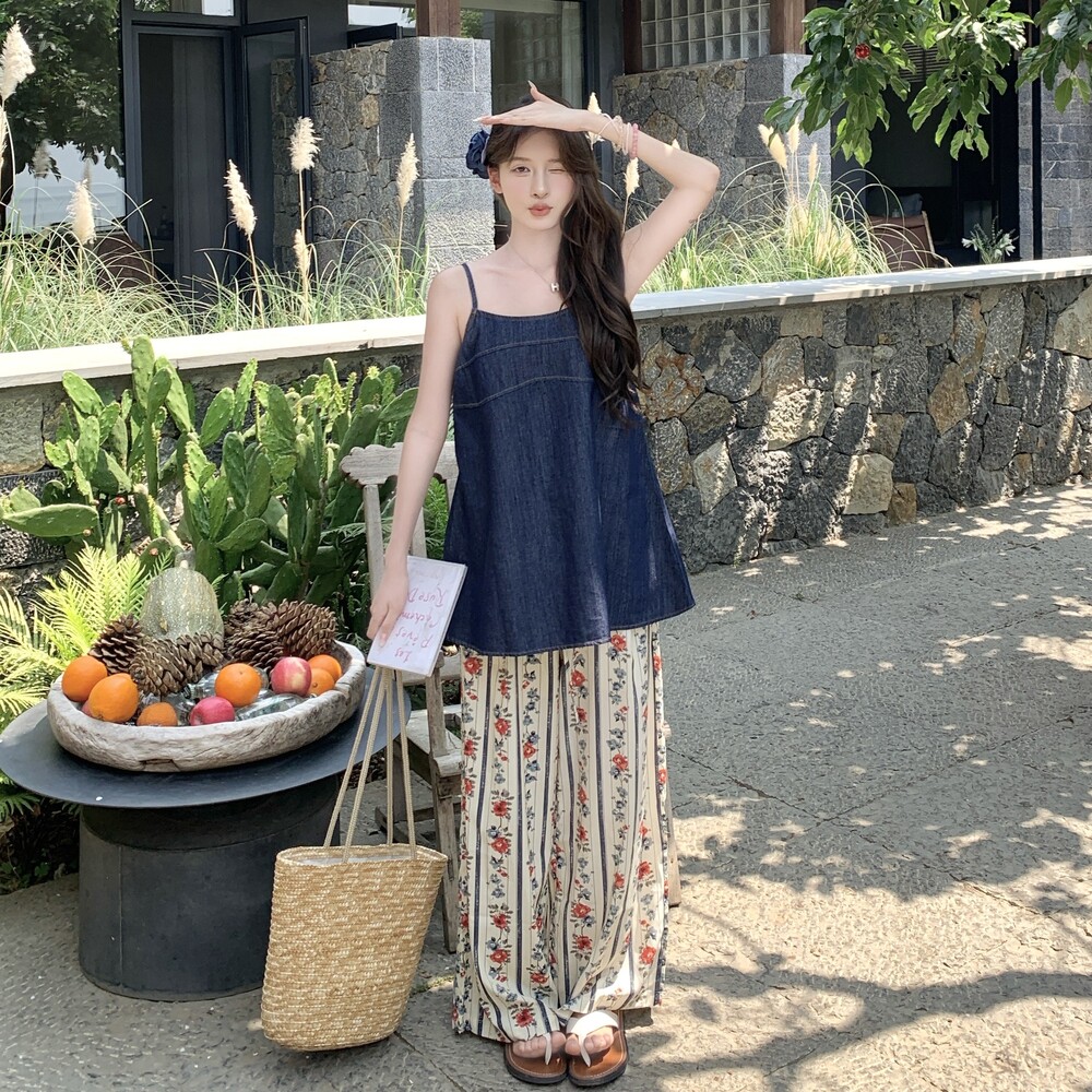【新款】现货！牛仔吊带碎花阔腿裤套装A30-P165-控238,女装套装/套裙,浙宝125