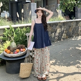 2025夏季新款设计感时尚牛仔吊带背心高腰印花阔腿休闲裤两件套装，女装套装/套裙，浙宝125