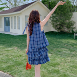 蓝色夏日漂亮小个子连衣裙女2025新款设计感木耳边无袖格子背心裙，女装连衣裙，浙宝125