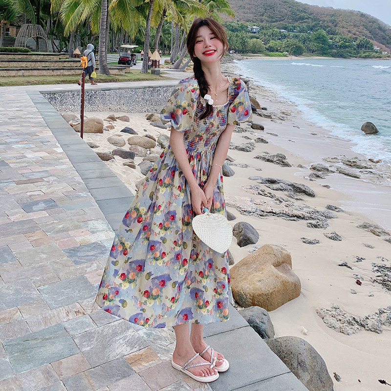 法式风紫色方领高腰连衣裙女夏季2024新款泡泡袖收腰又甜又辣裙子,女装连衣裙,浙宝125