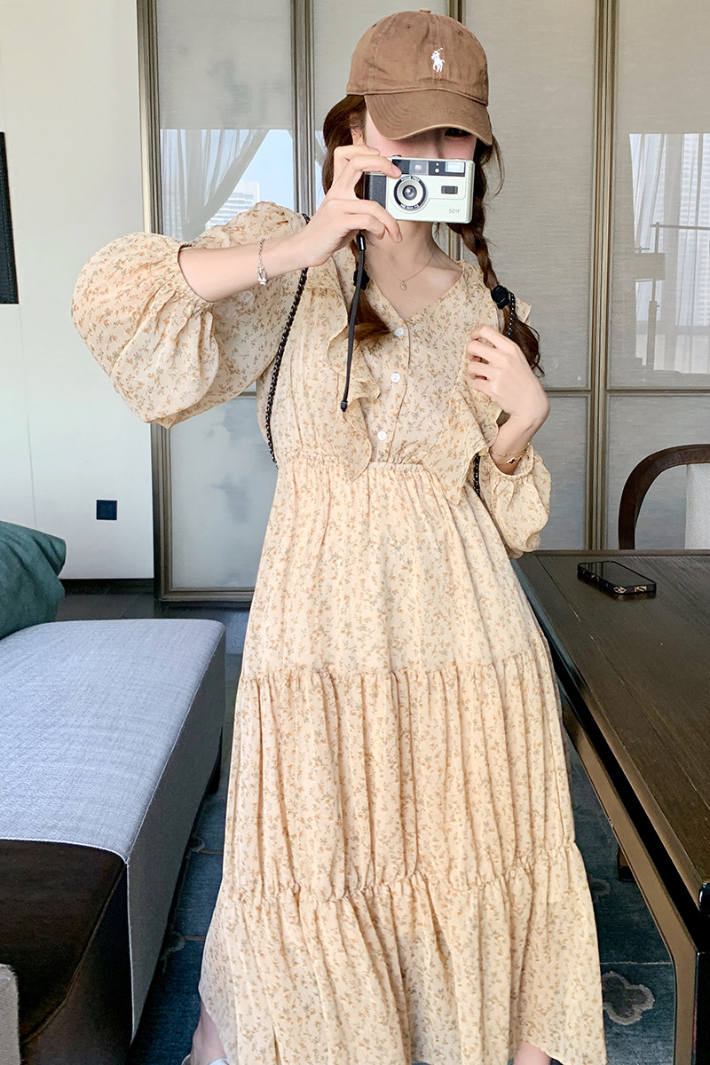 法式复古桔梗碎花连衣裙女2025春秋季新款韩版收腰显瘦茶歇长裙子,女装连衣裙,浙宝125