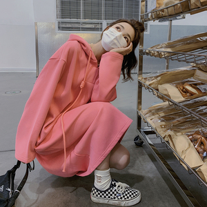奶fufu粉色连帽卫衣连衣裙女春装2025秋冬新款超好看甜美宽松长裙图片