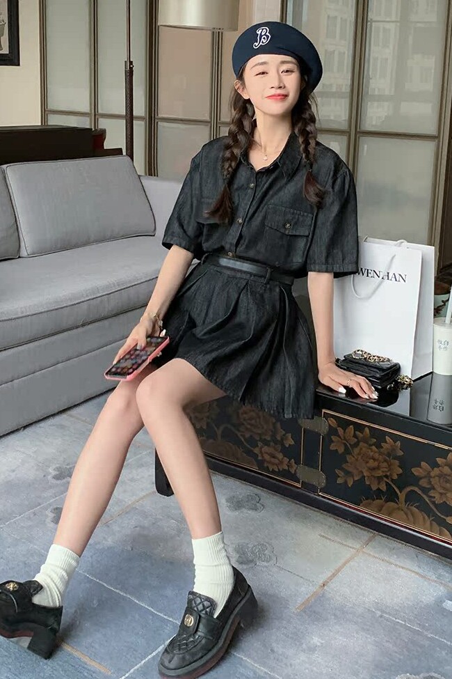 黑色牛仔百褶裙套装女夏季2024新款气质减龄休闲小个子盐系两件套,女装套装/套裙,浙宝125