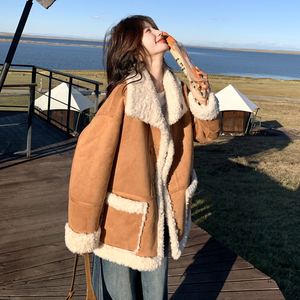 棕色软糯麂皮绒两面穿皮毛一体羊羔毛外套女秋冬2025新款加厚棉服图片
