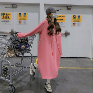 奶fufu粉色连帽卫衣连衣裙女春装2025秋冬新款超好看甜美宽松长裙图片