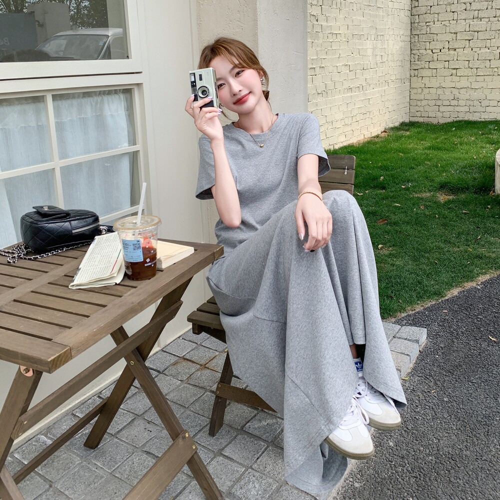 灰色慵懒风绑带连衣裙女2025夏季新款韩系设计感休闲收腰显瘦长裙,女装套装/套裙,浙宝125