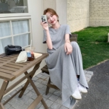 灰色慵懒风绑带连衣裙女2025夏季新款韩系设计感休闲收腰显瘦长裙，女装套装/套裙，浙宝125