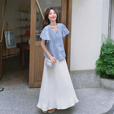 法式温柔风小飞袖套装裙女夏2025新款蓝色压褶衬衫半身长裙两件套，女装套装/套裙，浙宝125