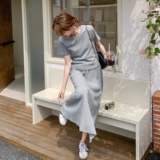 灰色慵懒风绑带连衣裙女2025夏季新款韩系设计感休闲收腰显瘦长裙，女装套装/套裙，浙宝125