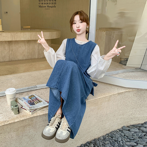法式气质盐系牛仔背心裙套装女2025春秋季新款显瘦休闲衬衫两件套图片