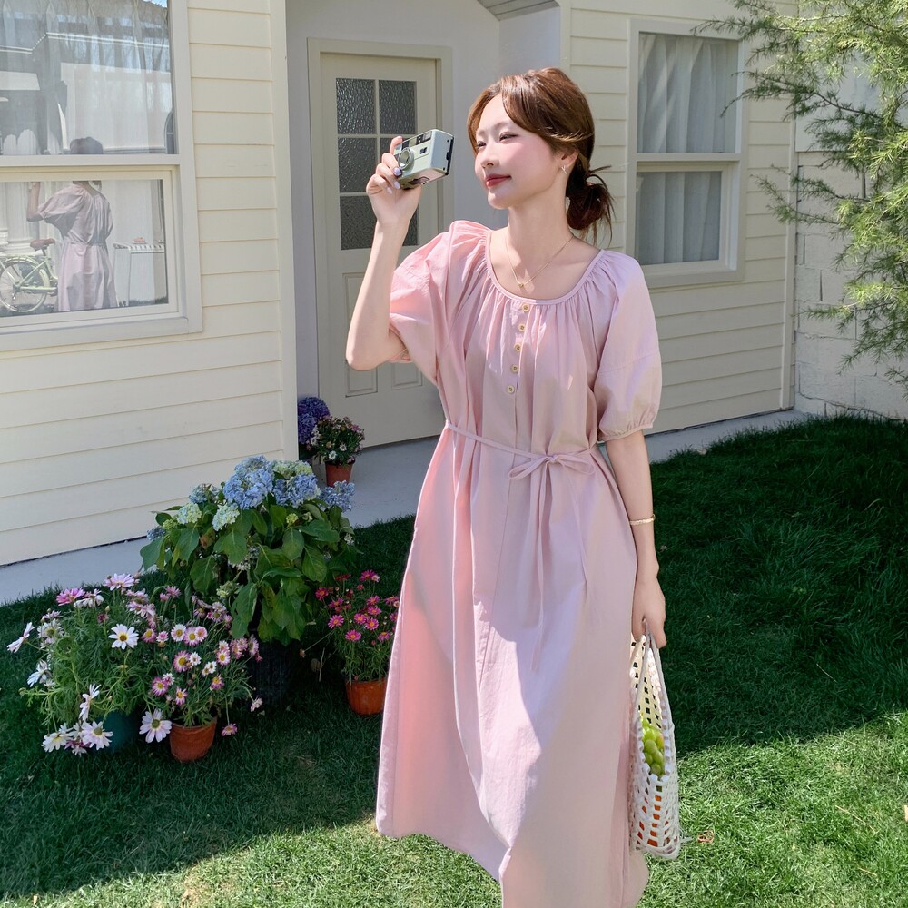粉色温柔风泡泡袖连衣裙女2025夏季新款今年流行韩系宽松过膝长裙,女装连衣裙,浙宝125