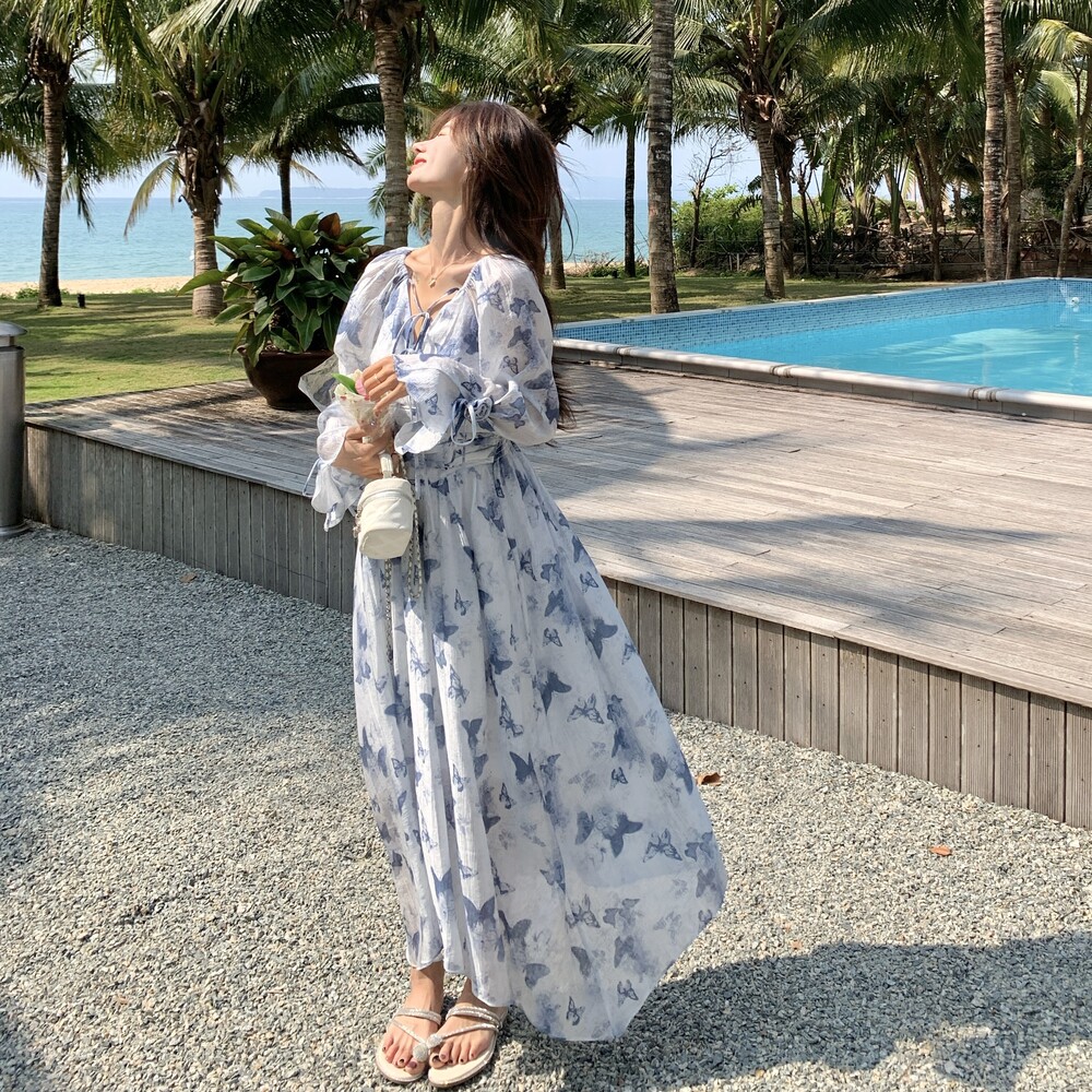 法式度假风长袖碎花连衣裙女2025夏季新款高腰显瘦惊艳绝美长裙子,女装连衣裙,浙宝125