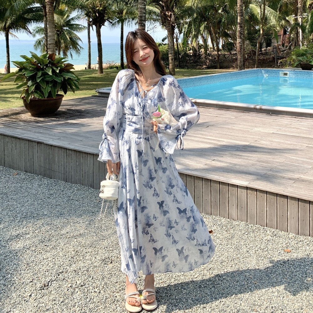 法式独特绝美度假风连衣裙女2025春夏新款蝴蝶印花高级感收腰长裙,女装连衣裙,浙宝125