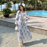 法式独特绝美度假风连衣裙女2025春夏新款蝴蝶印花高级感收腰长裙，女装连衣裙，浙宝125