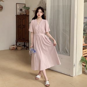 夏季韩系通勤文艺气质V领连衣裙法式高级感收腰女神范显瘦长裙子图片
