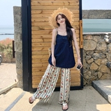 2025夏季新款设计感时尚牛仔吊带背心高腰印花阔腿休闲裤两件套装，女装套装/套裙，浙宝125