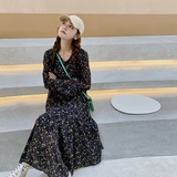 现货主推！！！感法式复古长袖v领碎花连衣裙9027-P105-控158，女装连衣裙，浙宝125