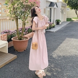 粉色垂感圆领连衣裙女2025夏季新款今年流行甜美宽松度假风长裙潮，女装连衣裙，浙宝125