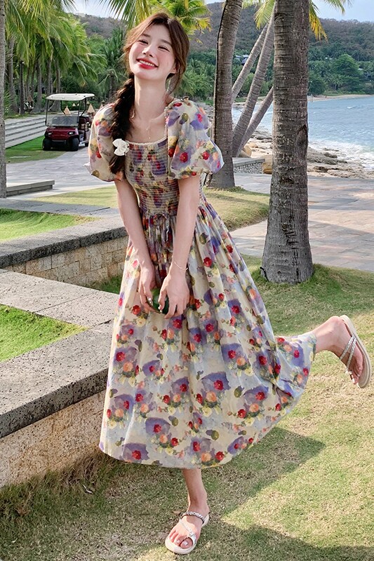 法式风紫色方领高腰连衣裙女夏季2024新款泡泡袖收腰又甜又辣裙子,女装连衣裙,浙宝125