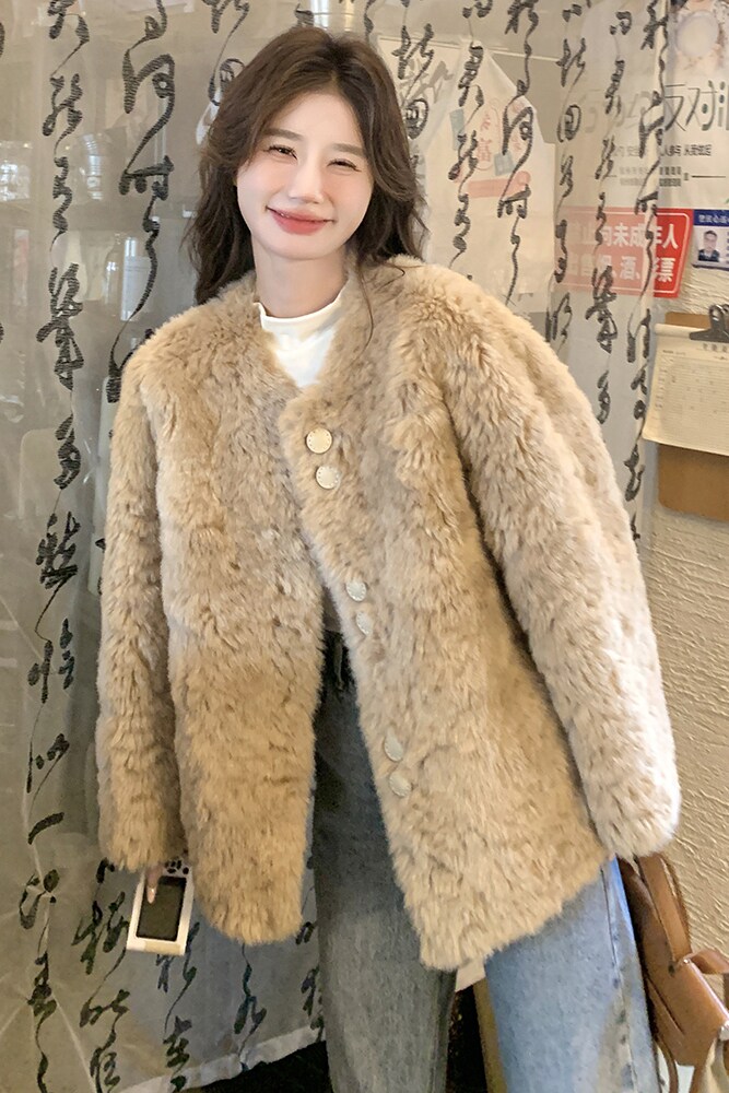 奶杏色毛毛外套女秋冬季2025韩系温柔超好看短款皮毛一体环保皮草,女装短外套,浙宝125
