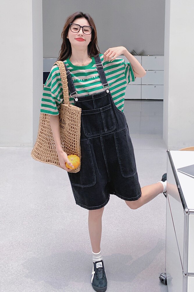 深蓝色牛仔背带短裤女夏季薄款2025高腰显瘦小个子T恤阔腿裤套装,女装套装/套裙,浙宝125