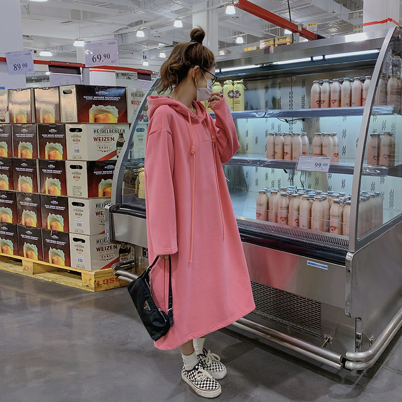 奶fufu粉色连帽卫衣连衣裙女春装2025秋冬新款超好看甜美宽松长裙,女装连衣裙,浙宝125