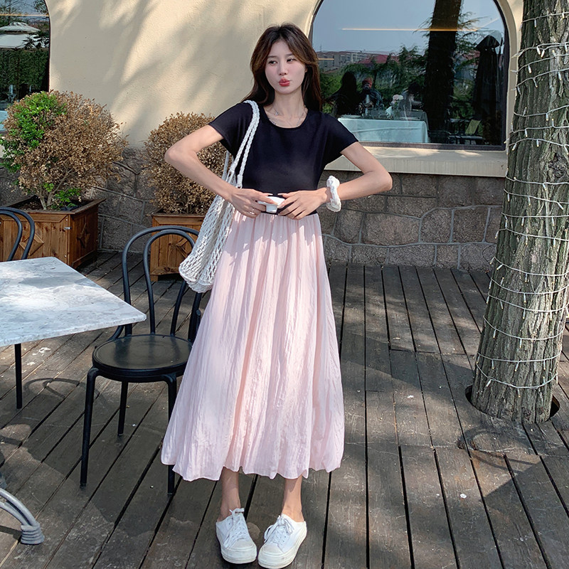 粉色针织拼接假两件连衣裙女夏季气质显瘦甜美温柔风显身材长裙子图片