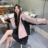 学院风拼色连帽冲锋衣外套女春秋新款超好看休闲减龄小个子上衣潮，女装短外套，浙宝125