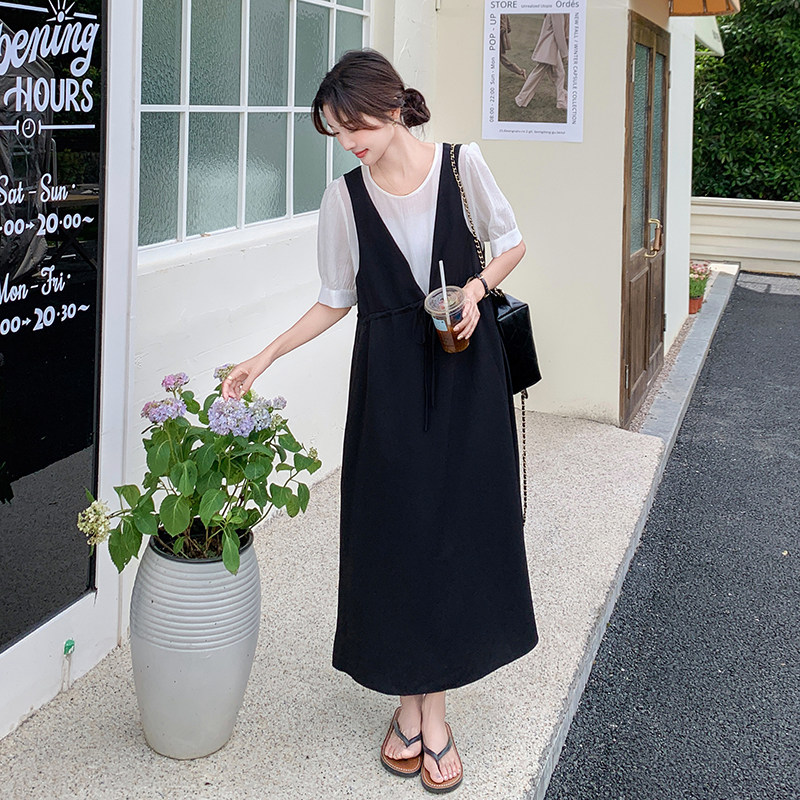 撞色拼接假两件连衣裙女夏季2025新款韩版宽松遮肚设计感休闲长裙图片