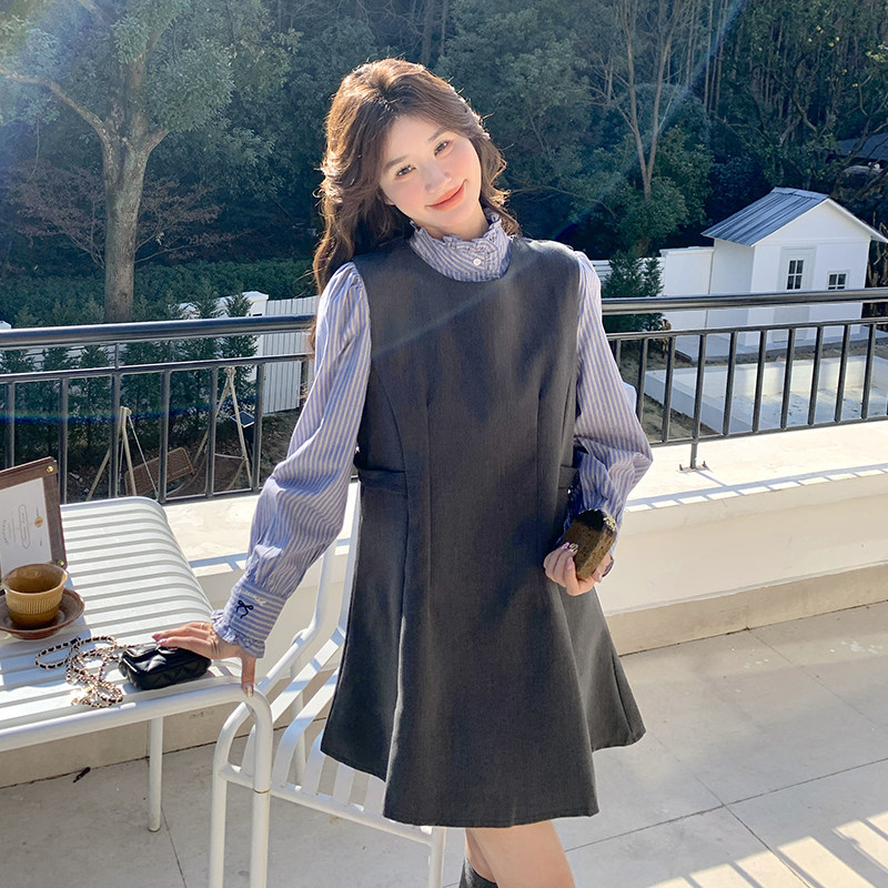 韩系气质无袖背心连衣裙两件套女2025春季新款条纹立领衬衫A字裙图片