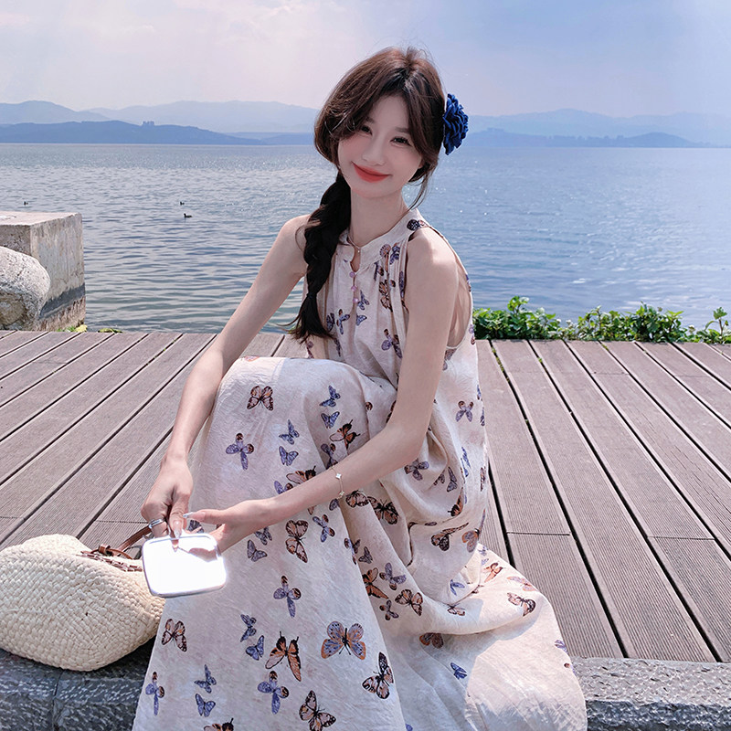 松弛感穿搭新中式连衣裙2025夏季国风文艺小众不撞款独特印花长裙,女装连衣裙,浙宝125